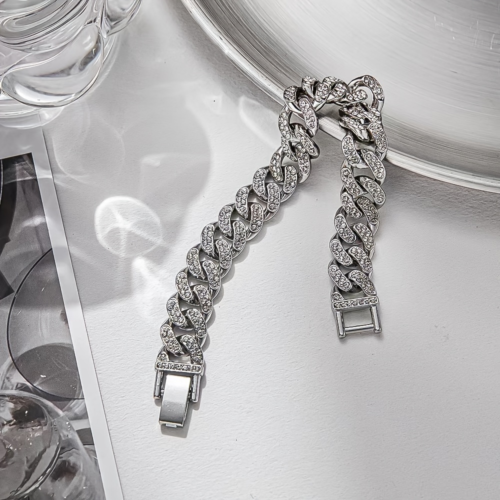 12mm Cuban Link Bracelet Silver Plated Rhinestone Hip Hop Jewelry